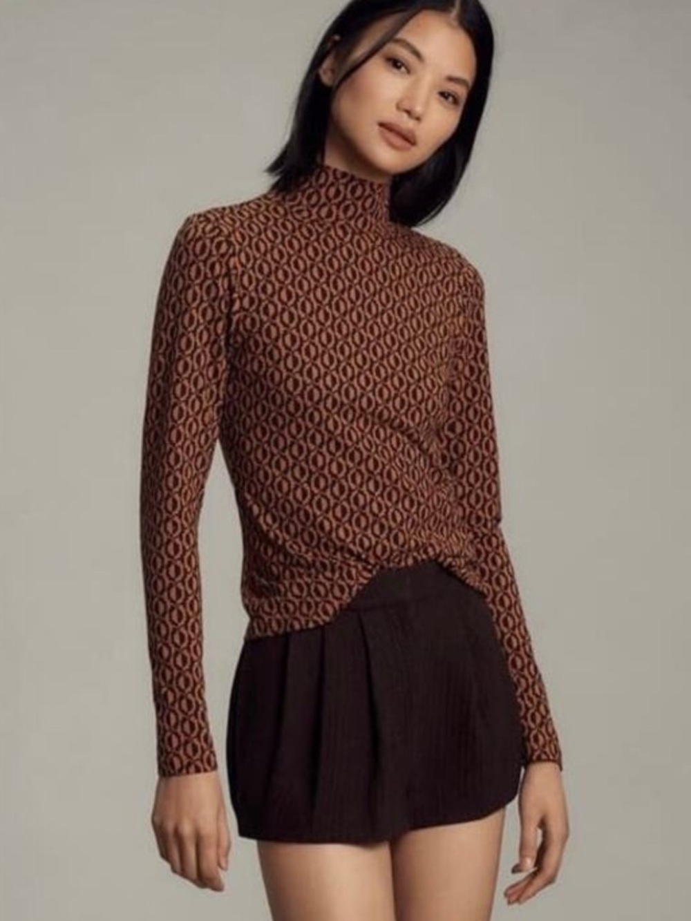Maeve Anthropologie Black & Orange Geometric Pattern Mock Neck Long Sleeve Top M